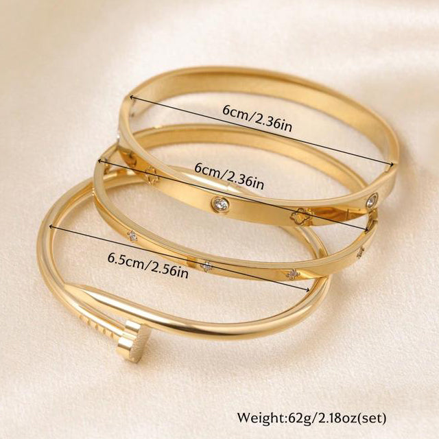 3-Piece Stainless Steel Stackable Bangle Set - Waterproof & Tarnish-Free