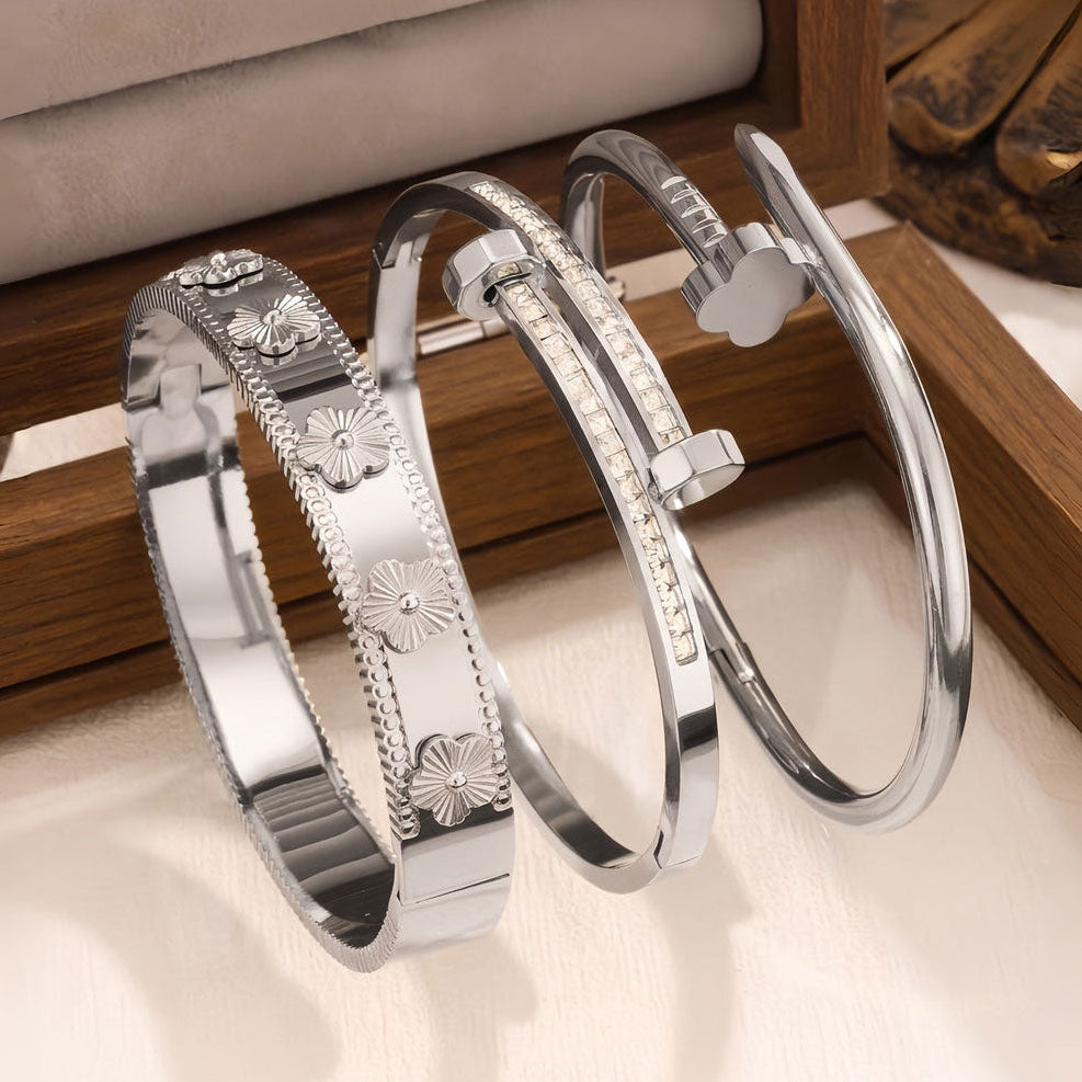 3-Piece Stainless Steel Stackable Bangle Set - Waterproof & Tarnish-Free