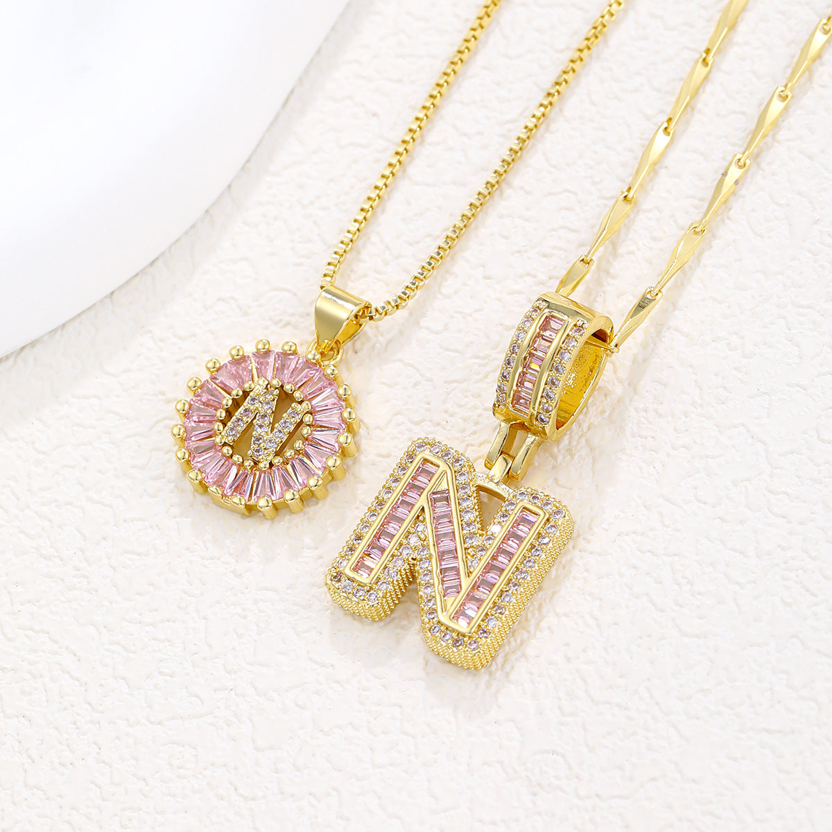 2-Pack Pink CZ Initial Necklaces