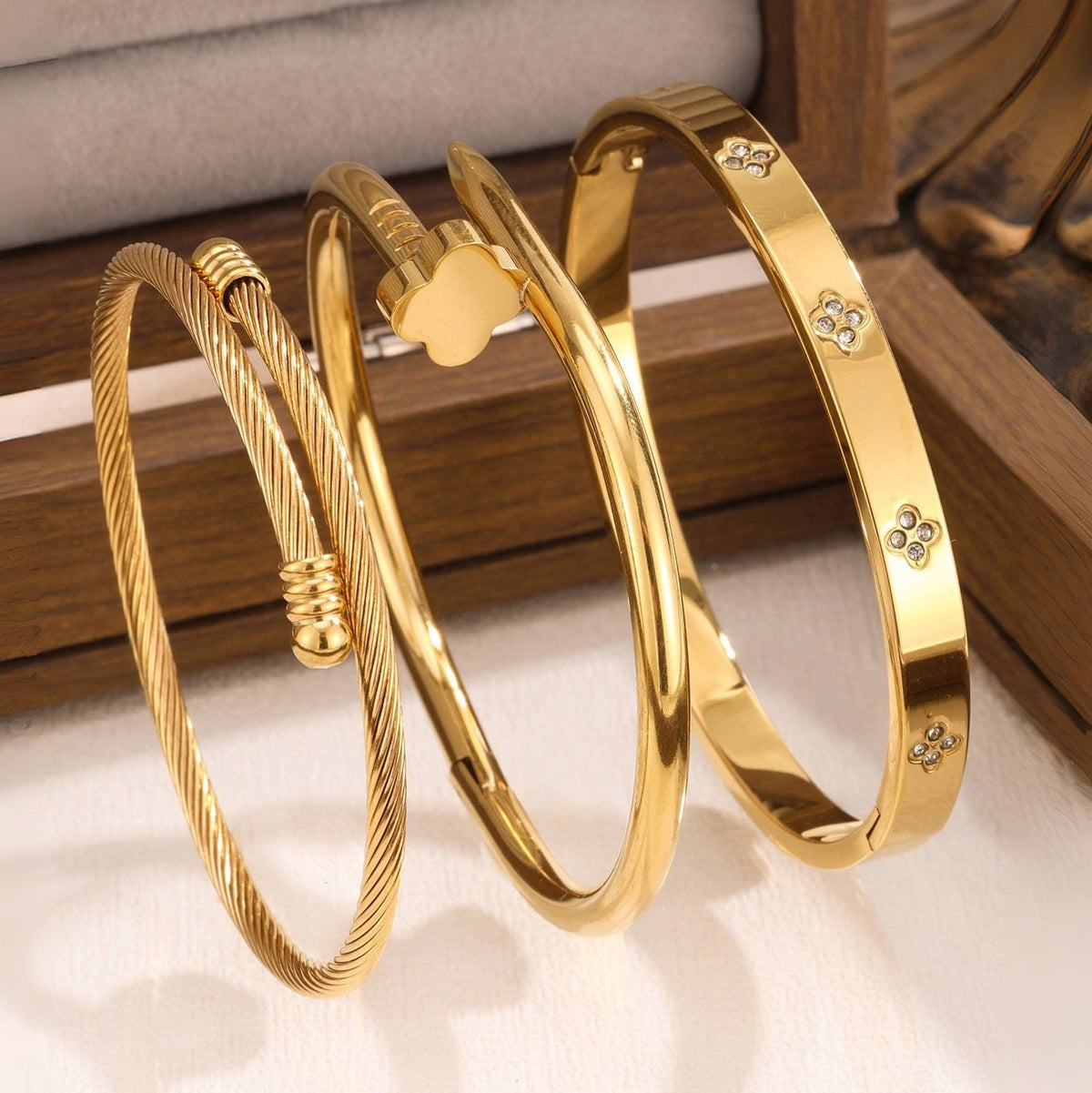 3-Piece Stainless Steel Stackable Bangle Set - Waterproof & Tarnish-Free