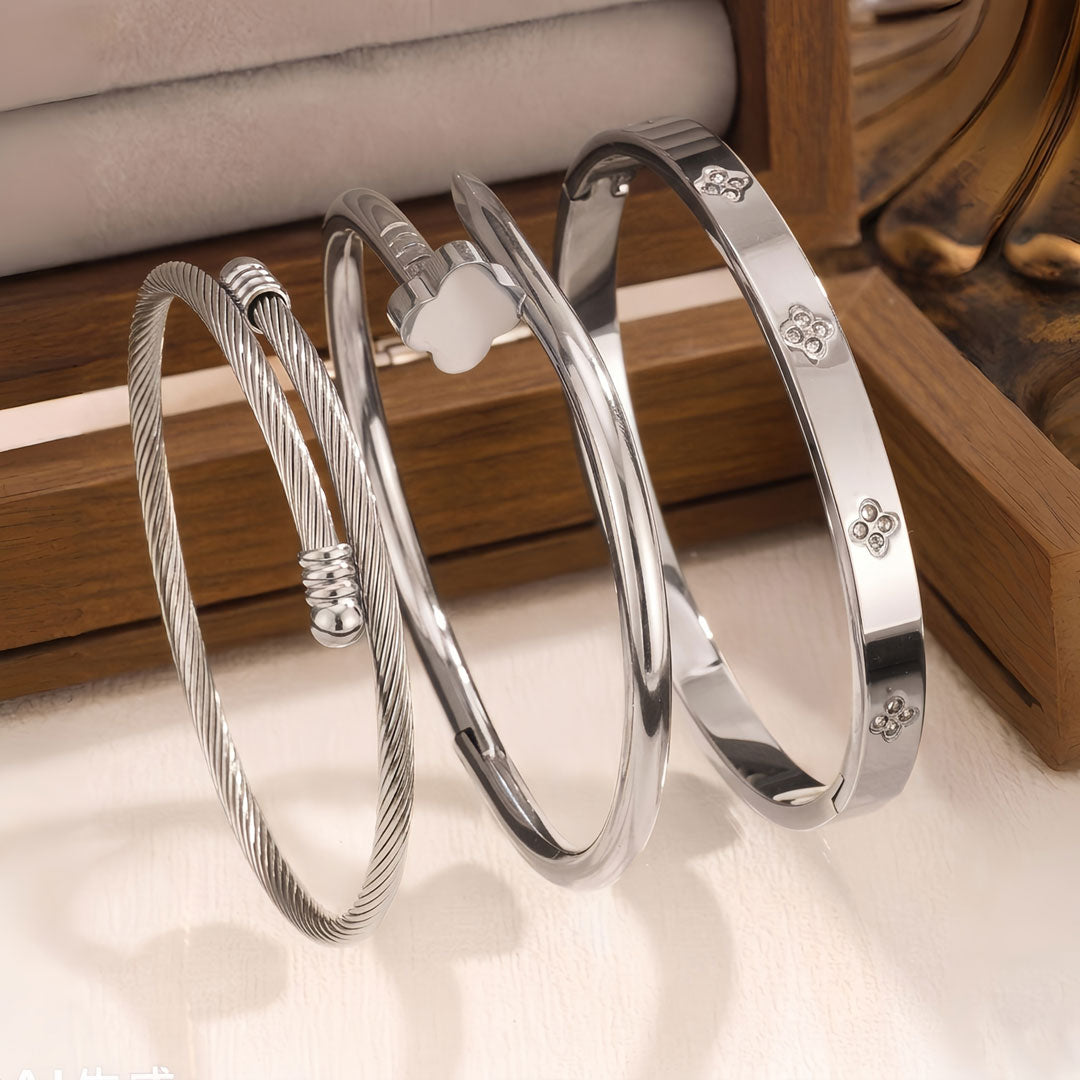 3-Piece Stainless Steel Stackable Bangle Set - Waterproof & Tarnish-Free
