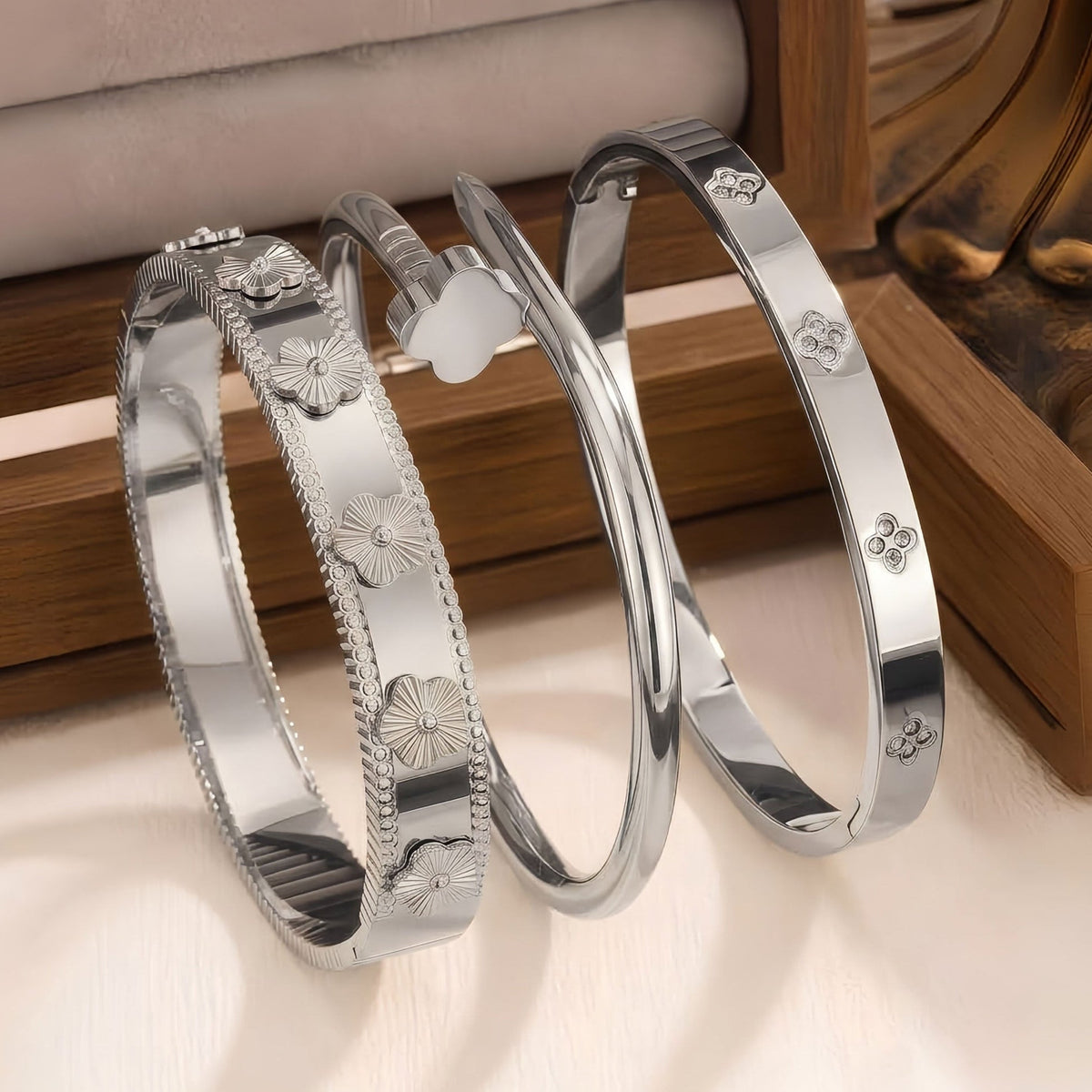 3-Piece Stainless Steel Stackable Bangle Set - Waterproof & Tarnish-Free