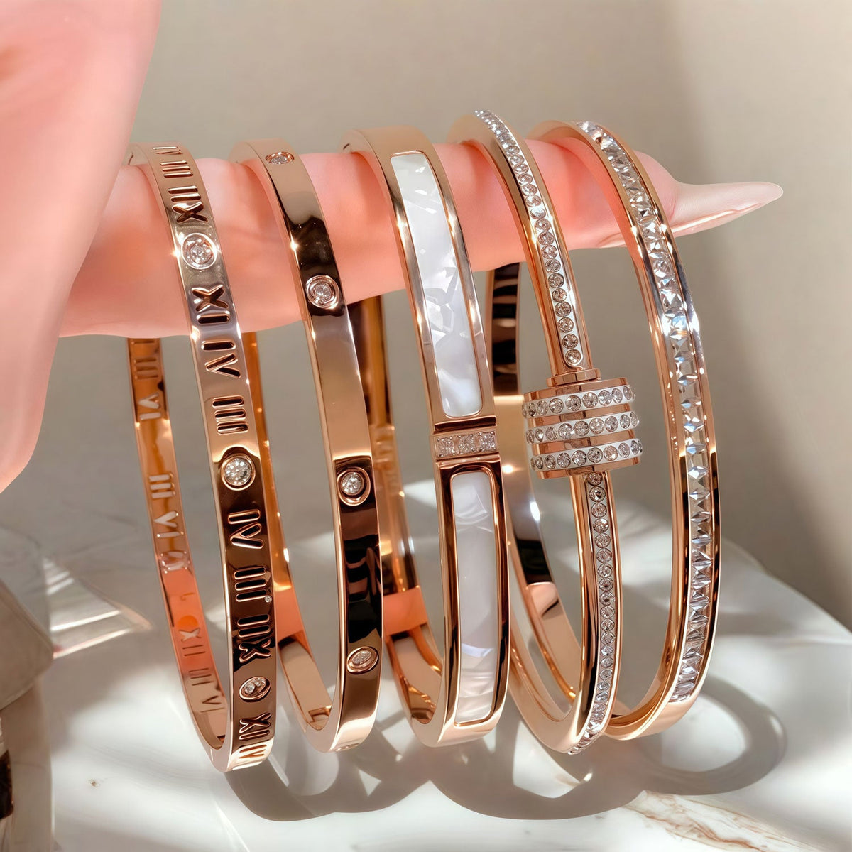 5-Piece Stainless Steel Stackable Bangle Set - Waterproof & Tarnish-Free